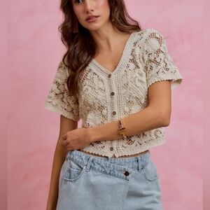 SO ME Floral Crochet Lace Button Down Cardigan Cream Top S M L